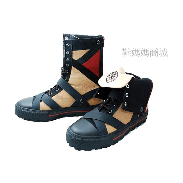 【鞋媽媽】[女]帆布鞋反折靴*兩種穿搭*後側拉鍊好穿脫*黑棕紅配色*uh003