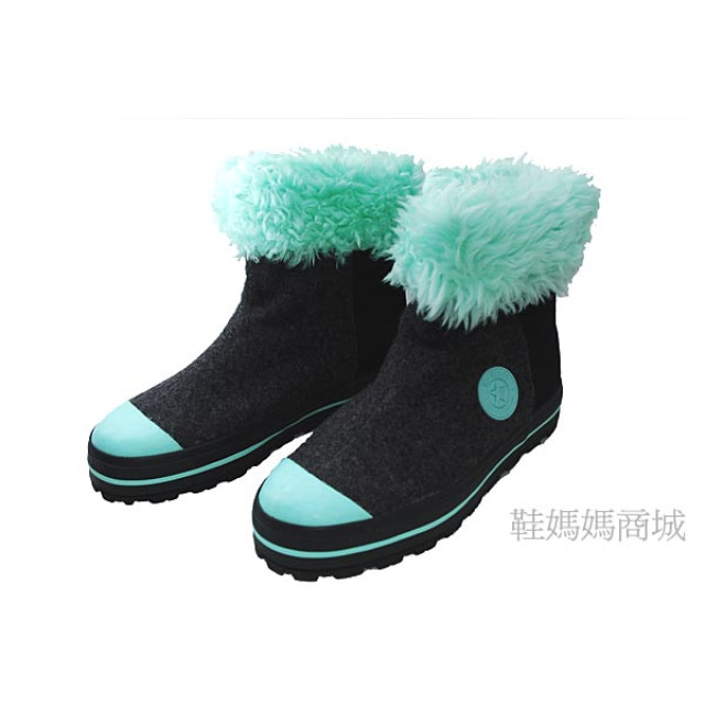 【鞋媽媽】[女]保暖反折毛毛靴*防滑雪靴*甜美日系卡哇伊*薄荷綠*uh008
