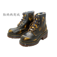 【鞋媽媽】[女]真皮AE馬丁鞋*黑色黃花紋*6孔短靴*防滑防潑水*高跟款*ae190