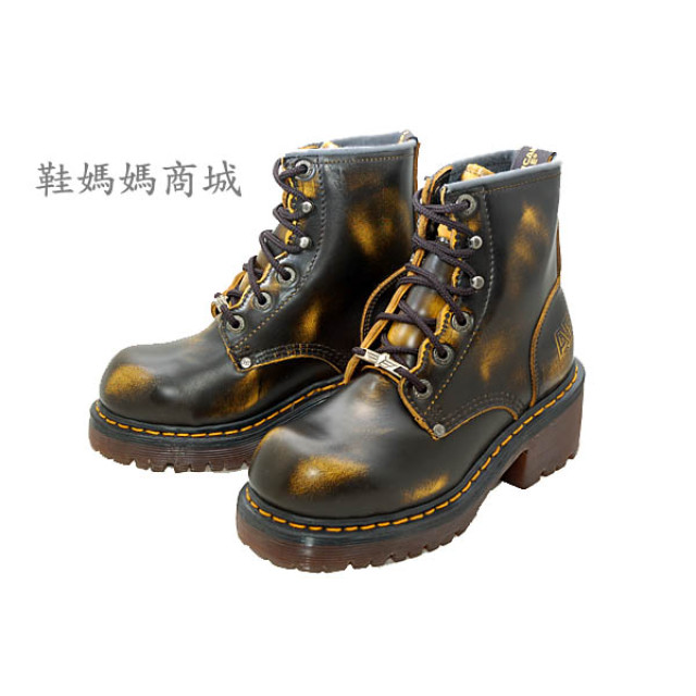 【鞋媽媽】[女]真皮AE馬丁鞋*黑色黃花紋*6孔短靴*防滑防潑水*高跟款*ae190