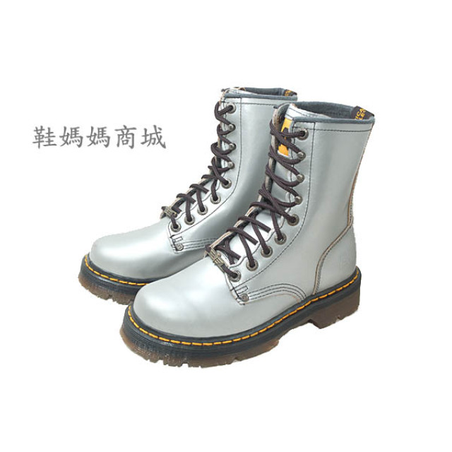 【鞋媽媽】[女]AE馬丁鞋*9孔中筒靴*銀灰色*真皮*防滑*ae208