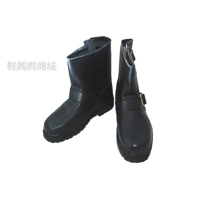 【鞋媽媽】[男女]真皮黑色二扣帶機車靴*特別追加中筒版*有鋼頭*ks001